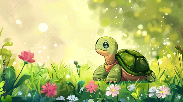 Obraz there is a cartoon turtle sitting on the grass