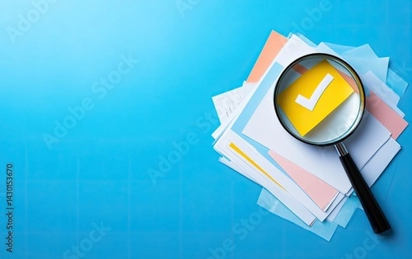 Fototapeta Documents under magnifying glass.  A check mark on a piece of paper highlights important information among many documents