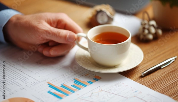 Fototapeta Enjoying tea while analyzing data