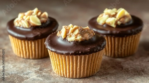 Obraz Chocolate almond desert indulgence Chocolate cupcakes topped with nuts on a textured surface.
