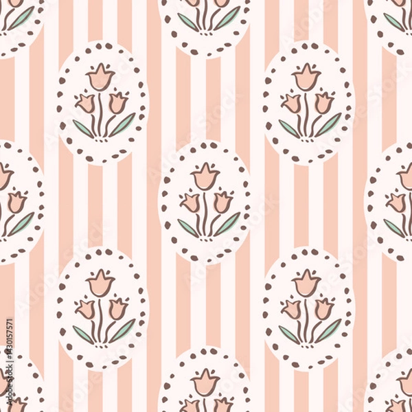 Obraz Hand drawn floral block print stripe seamless pattern. Trendy retro pink bluebell in oval frame botanical vector background. Boho, beach, Indian traditional textile design.