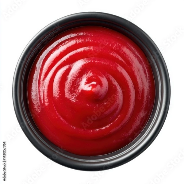 Fototapeta Bowl filled with vibrant red ketchup sauce from above