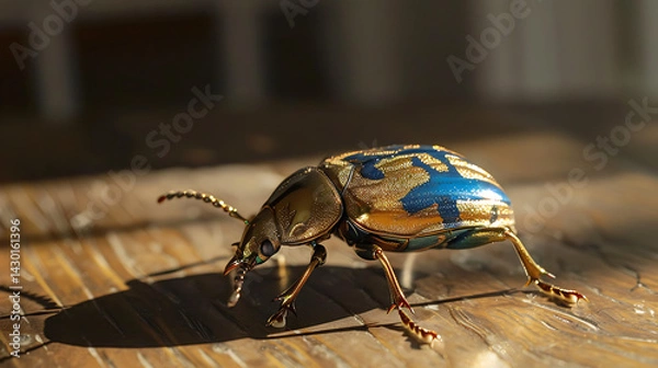 Obraz there is a gold and blue bug sitting on the  table