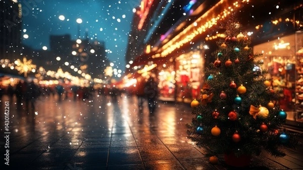 Fototapeta Small Christmas tree with vibrant decorations stands outside a shop at a winter market, while soft snowflakes fall, creating a warm and festive ambiance