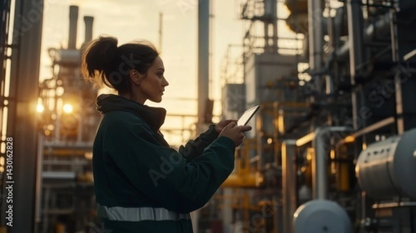 Obraz A technician is focused on operating a tablet amidst large industrial equipment in a gas refinery while evening twilight casts a warm glow over the environment