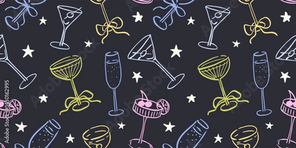 Obraz Seamless pattern with various alcohol drinks and stars. Hand drawn ink vector illustration. Elements for poster, social media, banners, invitation. Trendy coquette core template.  
