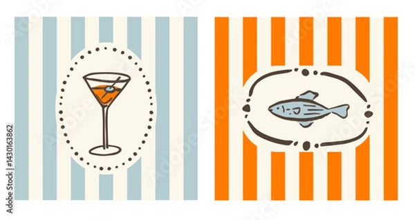 Obraz Hand drawn vector ink doodle martini glass with olive and sardine fish illustration. Trendy tropical block print vertical stripe background.  Boho, beach, coastal  card template.