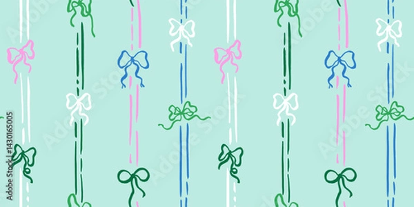 Obraz Seamless pattern with doodle bows and lines. Trendy vertical stripe background. Hand drawn vector illustration. Coquette wrapping paper, wallpaper, social media cottage core banner.
