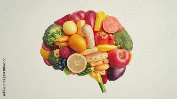Obraz A brain-shaped arrangement of various fruits and vegetables symbolizing healthy eating.