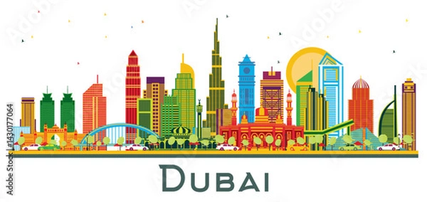 Fototapeta Dubai UAE City Skyline with Color Buildings isolated on white. Business Travel and Tourism Concept with Modern Architecture. Dubai Cityscape with Landmarks.