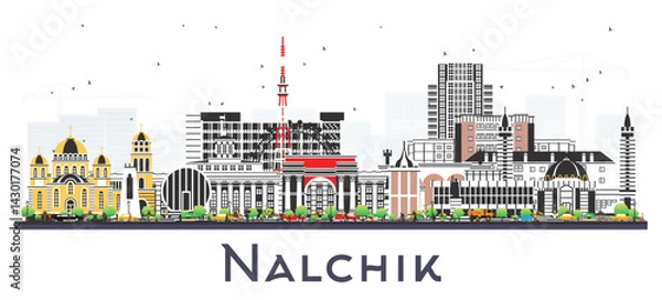 Fototapeta Nalchik Russia city skyline with color buildings isolated on white. Nalchik cityscape with landmarks. Business travel and tourism concept with modern and historic architecture.