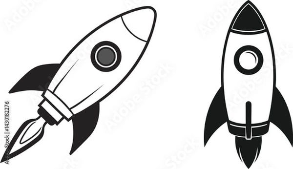 Fototapeta Stylized Rocket Ship Vector – Retro Black and White Illustration with Simple Geometric Shapes, 1950s Sci-Fi Aesthetic, Minimalist Spacecraft Design for Futuristic Artwork
