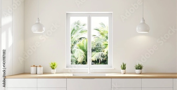 Fototapeta Modern white kitchen setup with potted plants and wooden counter, tropical palm trees visible through window, minimal style, concept of calm living. Ai generative