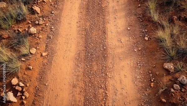 Fototapeta Dusty desert trail.  Dry, orange dirt path with distinct tire tracks, surrounded by sparse desert scrub