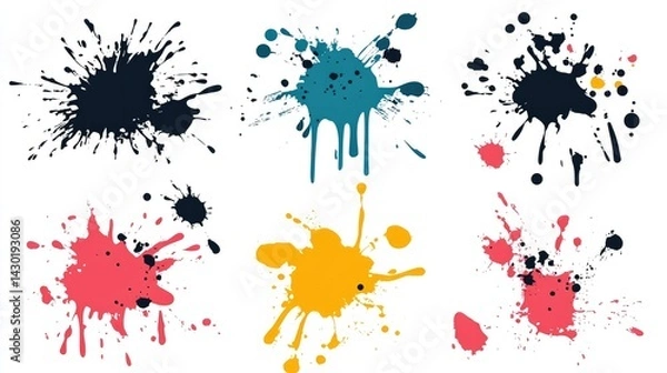 Fototapeta Set of grunge ink splatter. Splash of paints, spray drops, wet paint drop collection. Kit with design elements: splash and drip, silhouette blob spray. Vector illustration.