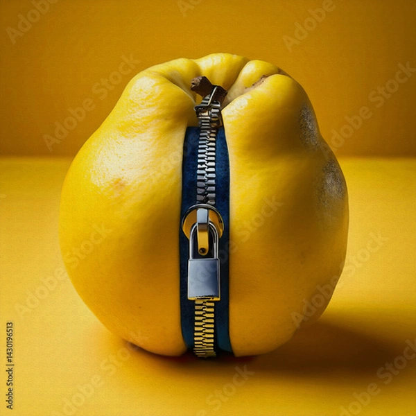 Obraz oil painting style illustrationbig large quince with zipper with a padlock in yellow background