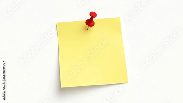 Fototapeta Yellow Sticky Note with Red Pushpin on White Background