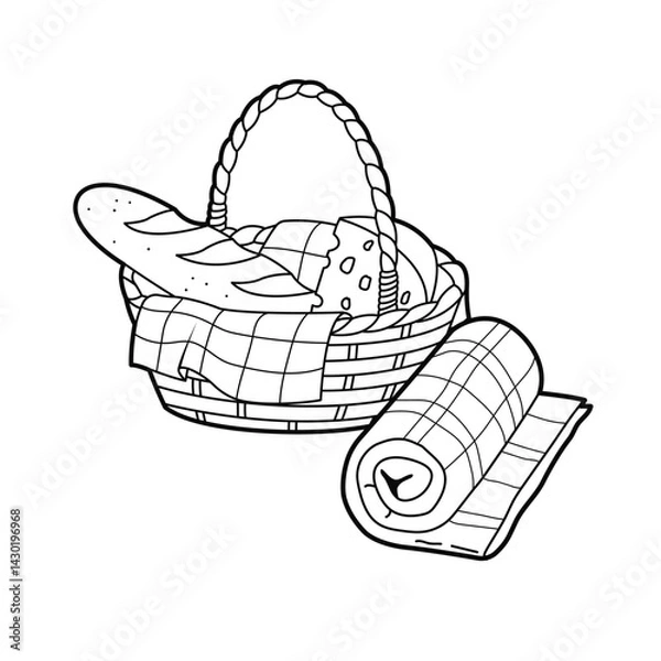 Obraz Wicker picnic basket and blanket. Basket with cheese and baguette. Outline vector illustration, isolated on white background.	