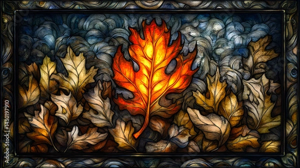 Fototapeta Autumn leaves warm reds and yellows contrasting with cool blue backgrounds in decorative textured frame