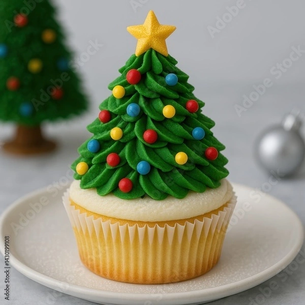 Fototapeta Cupcake decorated as a christmas tree with colorful icing and festive toppings on a white plate