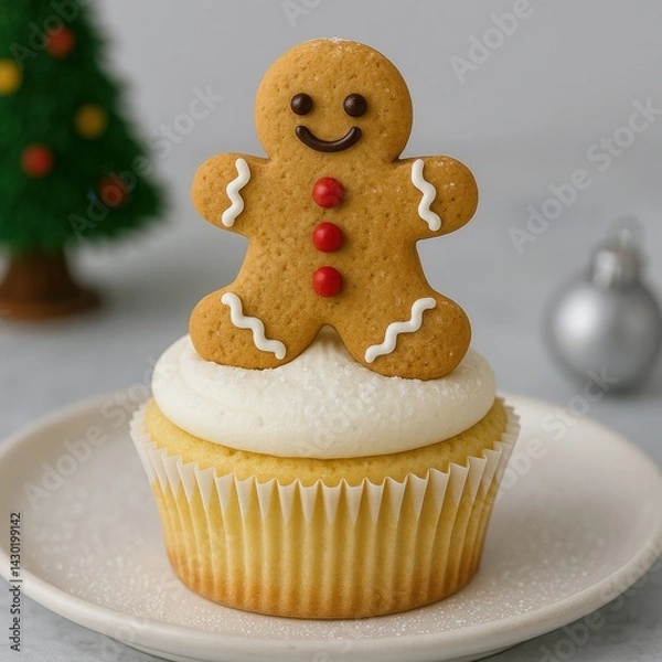 Fototapeta Cupcake topped with ginger garnish on a white plate against a blurred background