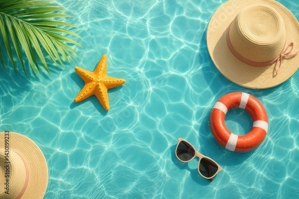 Fototapeta Hat sunglasses and lifebuoy floating on water in a serene outdoor setting with clear blue skies