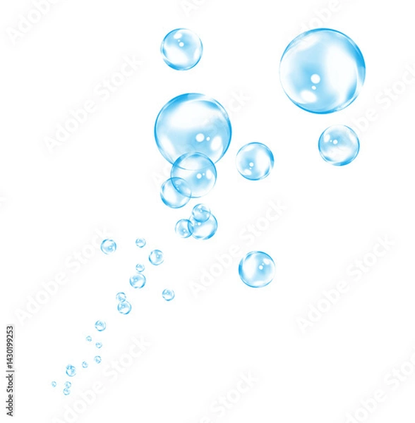 Fototapeta Diagonal line of blue air bubbles in clear floating pattern.