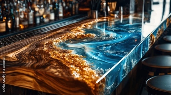 Fototapeta Unique epoxy resin bar countertop with intricate designs and embedded natural elements