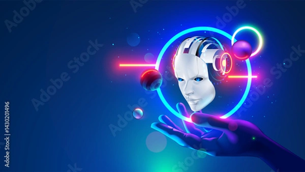 Fototapeta AI or artificial intelligence in the form of a head robot or cyborg over human hand in cyberspace. Electronic brain hanging over palm hand. AI chat bot. AI assistant development. Retro futurism.