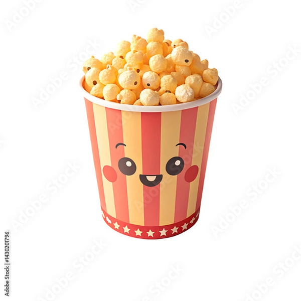 Obraz Cute 3D Cartoon Popcorn Bucket Overflowing with Popcorn on White Background

