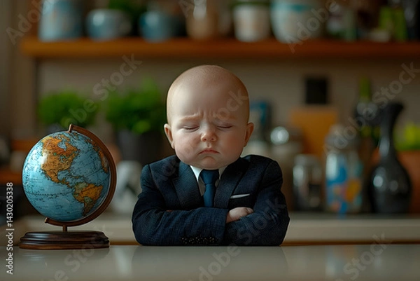 Fototapeta A baby in suit with arms crossed beside a globe eyes closed on a table with a blurred background