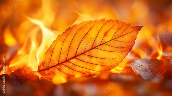 Fototapeta A single orange leaf with visible veins resting on a bed of fallen leaves with a blurry background of fire