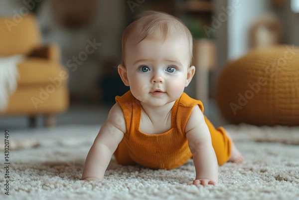 Fototapeta Baby crawling in orange outfit on a fluffy white rug with soft curious eyes looking at the camera