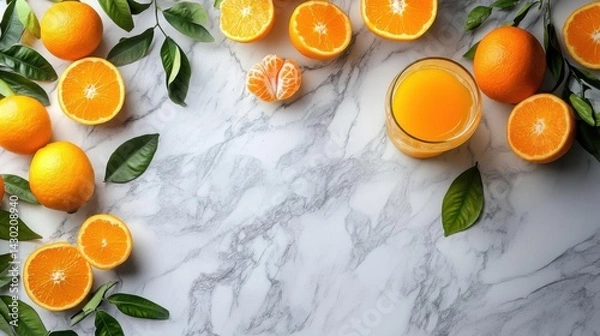 Obraz Fresh oranges and glass of juice on white marble table, flat lay. Diet banner.