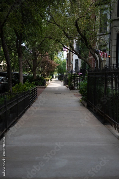 Fototapeta Charming sidewalk lined with wrought iron fencing and lush green plants on both sides. Perfect stock image for urban garden, peaceful stroll, neighborhood design, and seasonal outdoor themes
