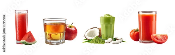 Obraz Set of different juices with watermelon juice,tomato juice, matcha coconut freppe, apple juice, isolated on transparent background.