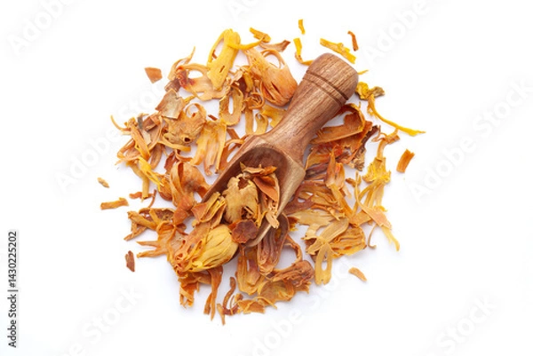 Obraz A wooden scoop filled with organic Mace (Myristica fragrans) or javitri, placed on a heap of whole mace, isolated on a white background.