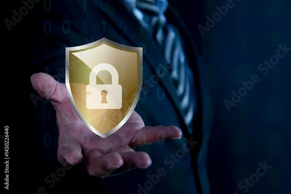 Fototapeta Cybersecurity and privacy concepts to protect data. Businessman showing padlock guard on computer virtual screen. cyber crime, hacker, database. privacy concept.