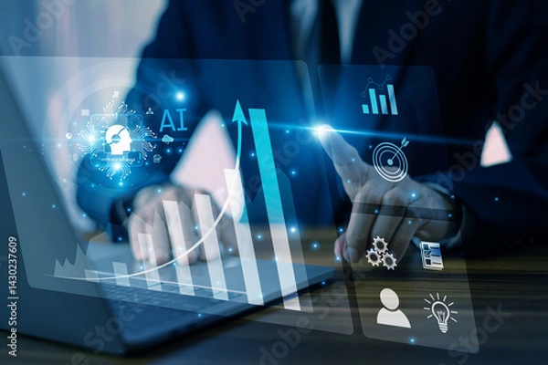 Obraz Male executive analyzing marketing performance with virtual dashboard using artificial intelligence and global digital data