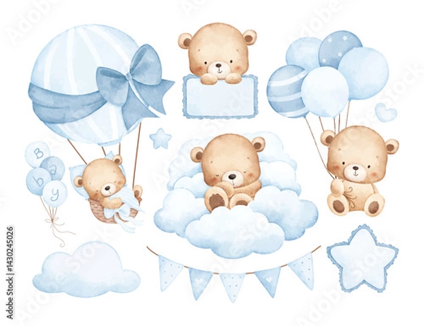 Obraz Watercolor Illustration Set of Baby Teddy Bear and Balloons with Nursery Elements