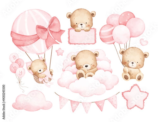 Obraz Watercolor Illustration Set of Baby Teddy Bear and Balloons with Nursery Elements