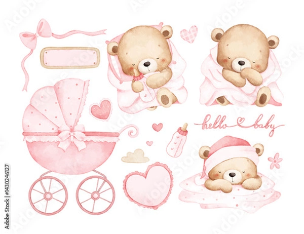 Fototapeta Watercolor Illustration Set of Sleepy Baby Teddy Bear and Nursery Elements