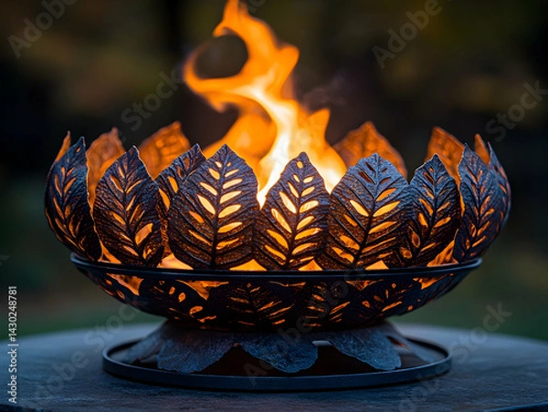 Obraz Decorative fire pit with leaf cutouts flames rise in its center creates a warm ambiance in the surrounding twilight