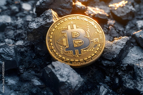 Fototapeta Bitcoin Cryptocurrency Concept on Coal Background for Finance and Technology Design
