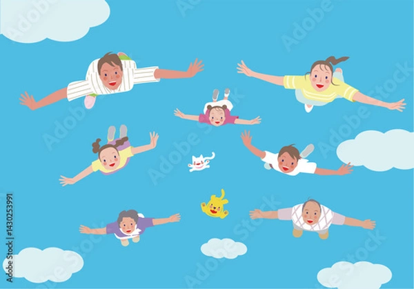 Obraz 笑顔の親子、三世代家族。青い空を飛行する。 