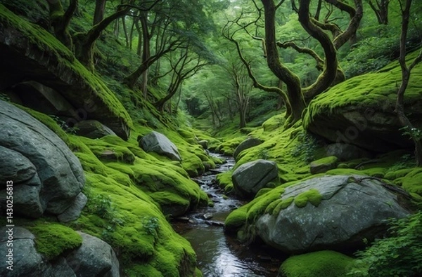 Fototapeta Serene Moss-Covered Forest with Clear Stream and Lush Greenery