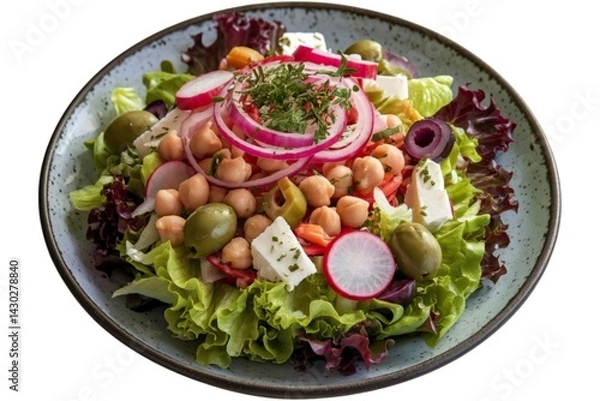 Obraz a vibrant and colorful salad on a round, rustic gray dish