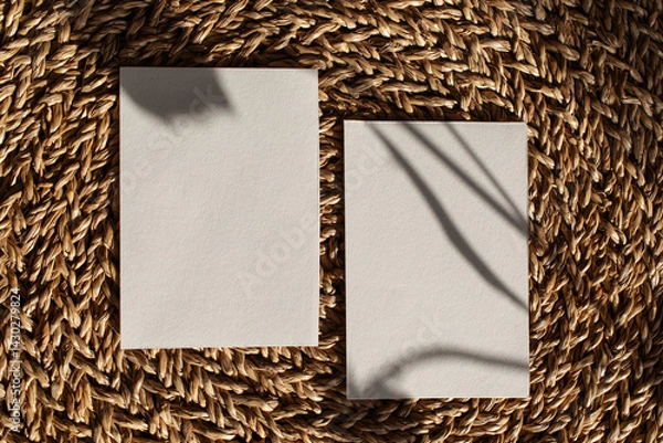 Fototapeta Pair of empty blank card with sunlight shadows on natural jute background. Modern composition for minimalistic brand template in flat lay style.