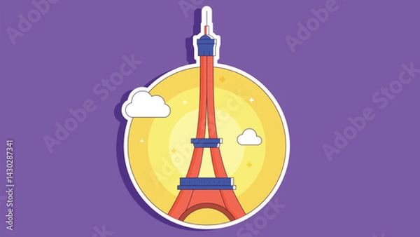 Fototapeta A vibrant colored sticker design of the Eiffel Tower in Paris, featuring bold and lively hues. The sticker captures the iconic French landmark with striking colors