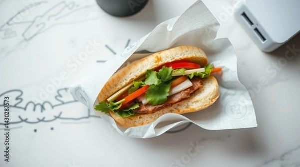 Fototapeta Fresh and vibrant sandwich with vegetables wrapped in paper, ready for a healthy meal